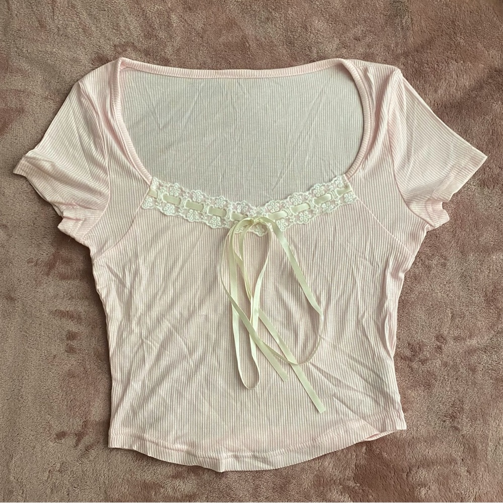 NWOT Shein XS Light Pink Crop Top with White Lace Trim & Ribbon